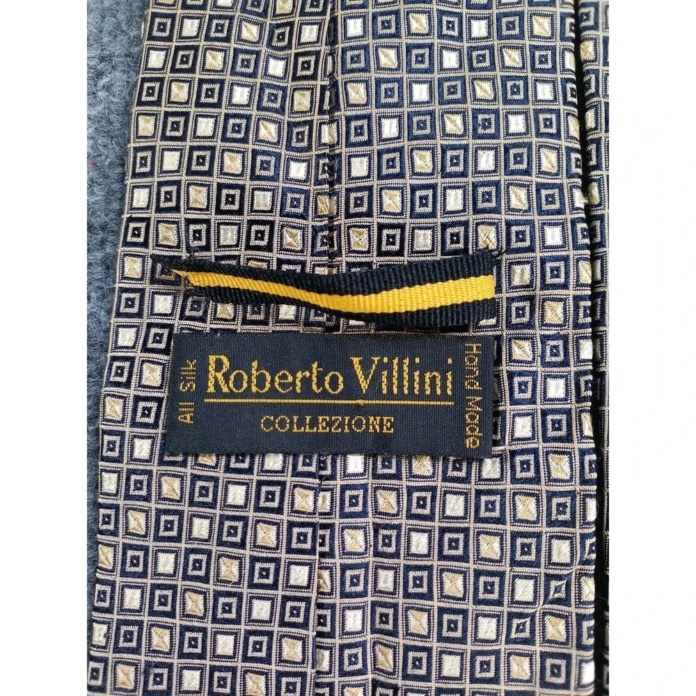 Roberto Villini Handmade Silk Tie Blue Gold Geometric Squares All Silk Necktie